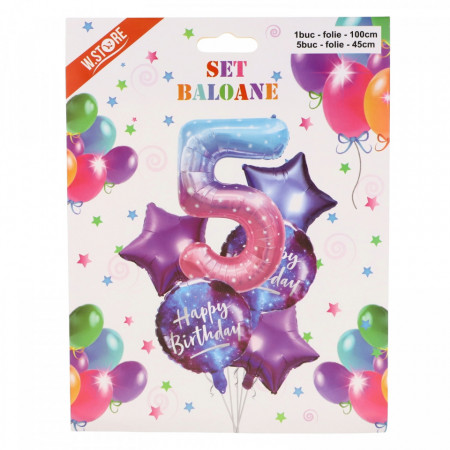 Set 6 Baloane folie, Cifra 5 si Happy Birthday, Multicolor
