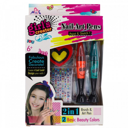 Set creativ pentru fetite de pictat pe unghii, Nail Art, 2 stilouri, 2 folii cu decoratiuni si o pila inimioara, 6 ani+, Multicolor