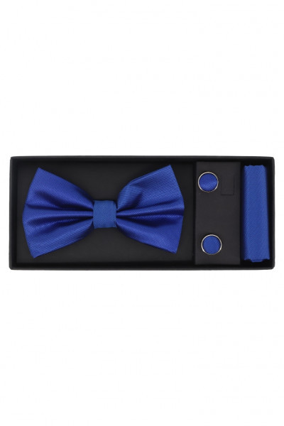 Set Papion pentru barbati cu butoni si batista, aspect texturat, NO2051, 6.5 x 12 cm, Albastru