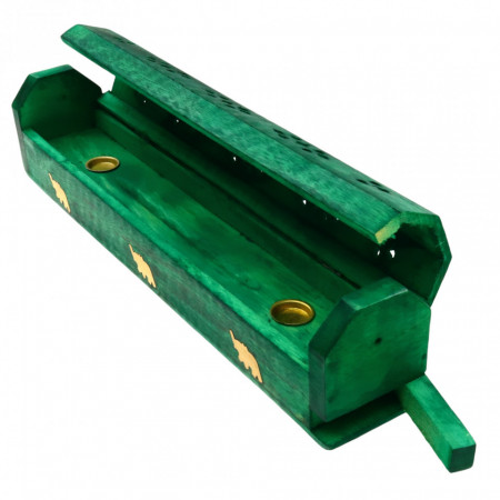 Suport pentru betisoare si conuri parfumate cu loc pentru depozitarea betisoarelor, din lemn, Feng Shui, 6.4 x 30.5 cm, Verde