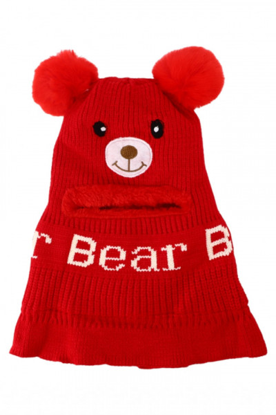 Caciula tip cagula, pentru copii, tricotata, interior imblanit, Ciucuri, Bear, NO7744, 2-3 ani, Rosu