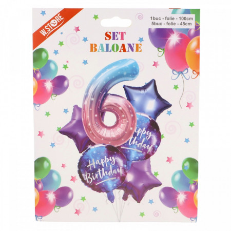 Set 6 Baloane folie, Cifra 6 si Happy Birthday, Multicolor