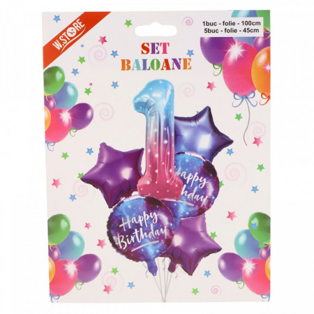 Set 6 Baloane folie, Cifra 1 si Happy Birthday, Multicolor
