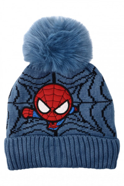 Caciula pentru copii tricotata, captuseala fleece, ciucure, Spider-Man, NO2539, 4-5 ani, Albastru