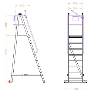 Scara industriala rabatabila (pliabila) din aluminiu cu 7 trepte si platforma h=207cm, inaltime de lucru 4,1m - CNO-SME-FWPL17 - Img 2