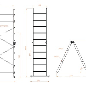 Schela aluminiu mobila cu doua scari pliabile 2x5 trepte, inaltime 3m, platforma 1,35x0,45(m), max. 150kg - CNO-SME-ACRO4M - Img 6
