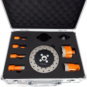 Set carote diamantate pt. gresie portelanata & piatra - diam. 6, 8, 10, 20, 35, 68 (mm), freza conica, disc taiere si ceara 3DTECH - Super PREMIUM - DXDY.NEODRILL.9SET - Img 1