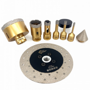 Set carote diamantate pt. gresie portelanata & piatra - diam. 6, 8, 10, 20, 35, 68 (mm), freza conica, disc taiere si ceara PREMIUM - DXDY.GOLDrill.9SET - Img 2