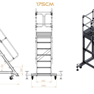 Scara industriala din aluminiu cu 3-8 trepte, platforma si roti ajustabile, h=100-225(cm), inaltime lucru 3-4,25(m) - CNO-SME-ALPL1 - Img 4