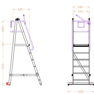 Scara industriala rabatabila (pliabila) din aluminiu cu 5 trepte si platforma h=157cm, inaltime de lucru 3,5m - CNO-SME-FWPL15 - Img 2