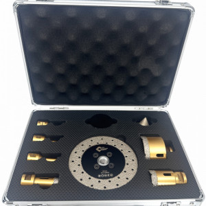 Set carote diamantate pt. gresie portelanata & piatra - diam. 6, 8, 10, 20, 35, 68 (mm), freza conica, disc taiere si ceara PREMIUM - DXDY.GOLDrill.9SET - Img 1