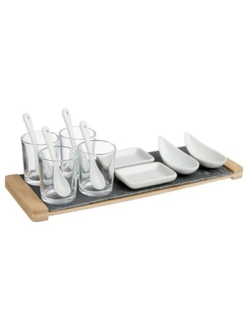 Set 13 piese pentru servire aperitive, pe suport din lemn de bambus si ardezie, Secret de Gourmet