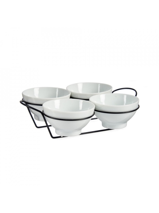 Set 4 boluri ceramice rotunde, 200 ml, pe suport metalic cu manere, Escalate, 6x20x25.5 cm