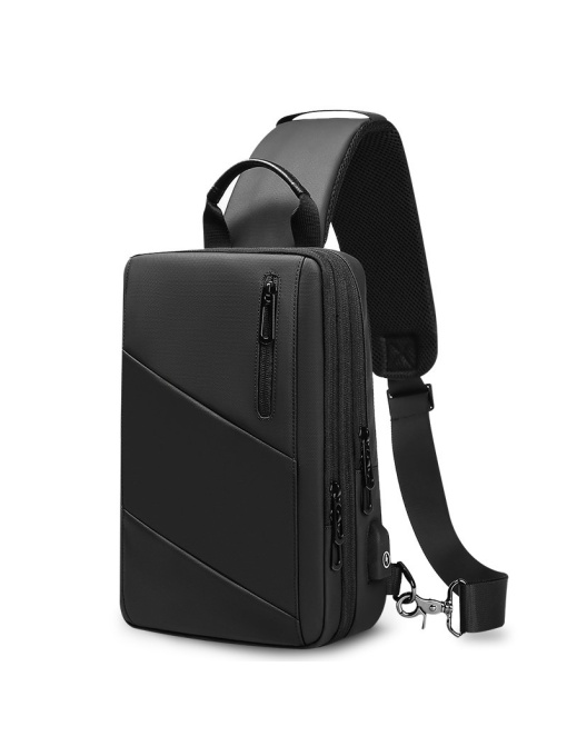 Geanta de umar, de piept sau de mana, expandabila, cu port de incarcare USB, GETICS, 32x20x13 cm, Neagra