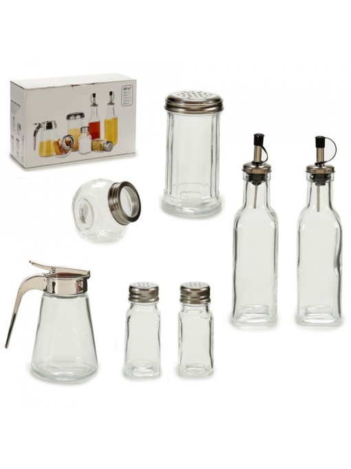 Set clasic 7 recipiente din sticla pentru condimente cu capace din otel inoxidabil, Escalate, 28x10x17 cm