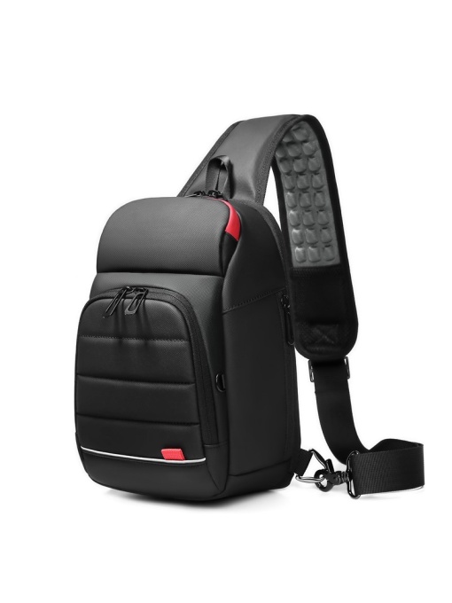 Geanta de umar, de piept sau de mana, cu port de incarcare USB, GETICS, 28x18x12 cm, Neagra