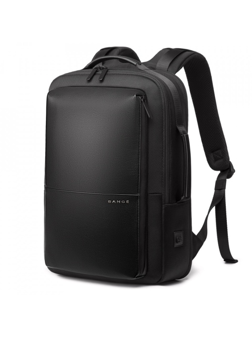 Rucsac laptop 15.6", smart casual, expandabil, cu insertie de piele ecologica, port de incarcare USB si jack audio, BANGE, 43x31x16 cm, Negru