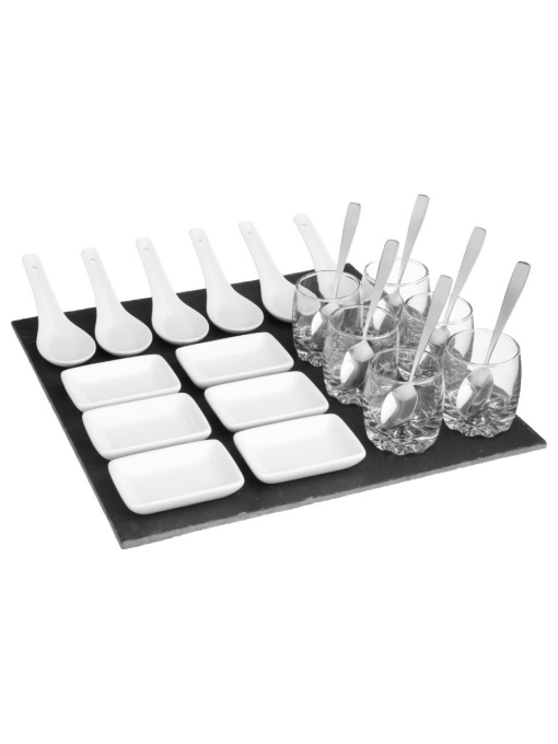 Set 25 piese pentru servire aperitive, pe suport din ardezie, Secret de Gourmet