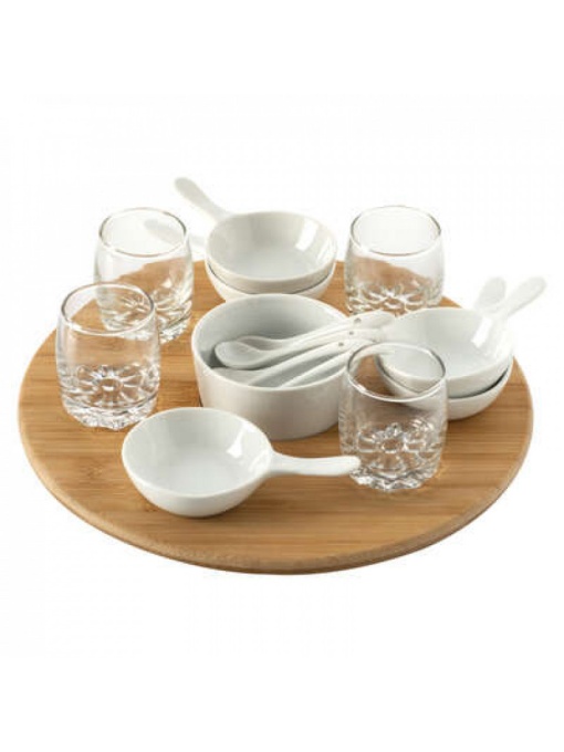 Set 14 piese pentru servire aperitive, pe suport din lemn de bambus, Secret de Gourmet