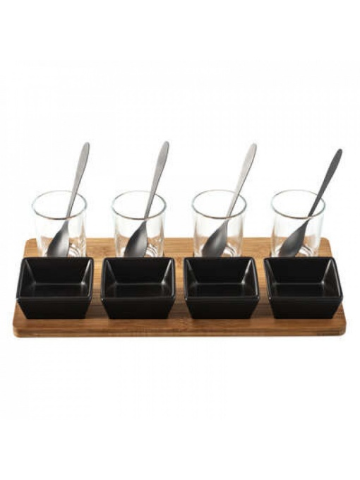 Set 13 piese pentru servire aperitive, pe suport din lemn de bambus, Secret de Gourmet, 29.5x14.8x7 cm
