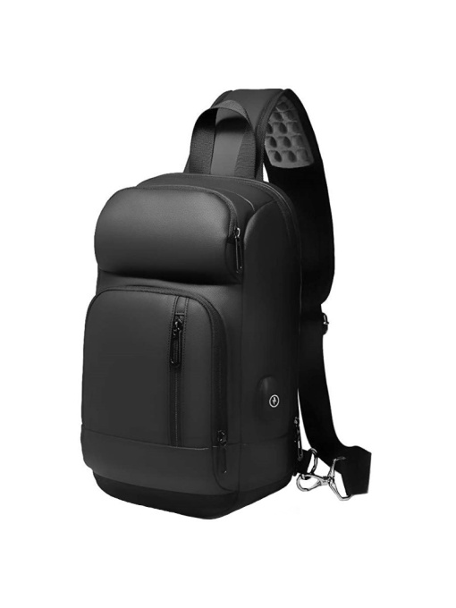 Geanta de umar, de piept sau de mana, cu port de incarcare USB, GETICS, 33x20x9 cm, Neagra