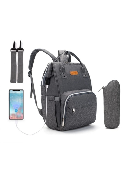Rucsac impermeabil multifunctional pentru mamici, interfata USB, LEQUEEN, Gri inchis