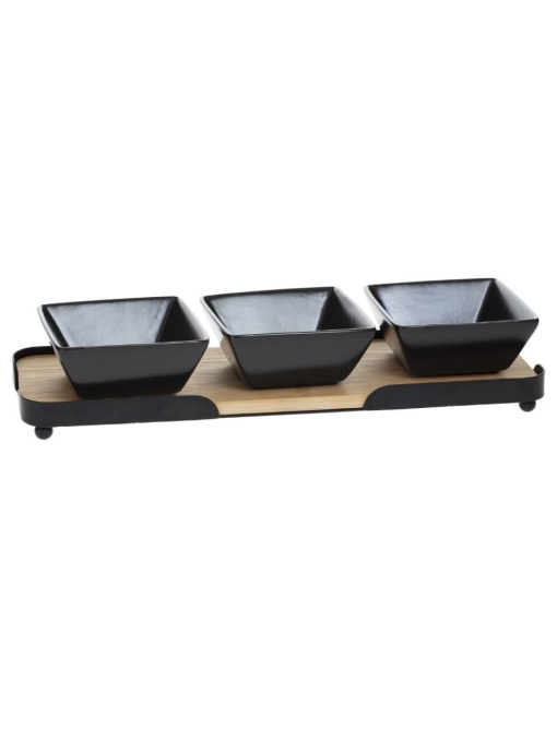 Set 4 piese pentru servire aperitive, pe suport din bambus cu cadru metalic, Secret de Gourmet