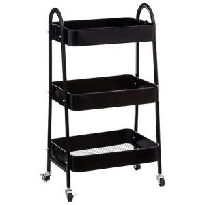 Carucior pentru servire din metal cu roti, trei niveluri, Five, 44x32x80 cm, Negru
