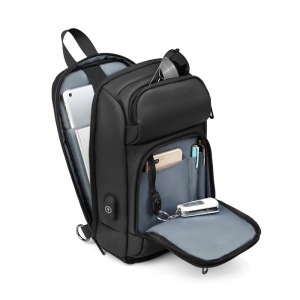 Geanta de umar, de piept sau de mana, cu port de incarcare USB, GETICS, 33x20x9 cm, Neagra - Img 3