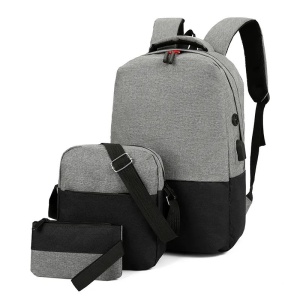Set rucsac 15.6" casual minimalist, geanta de umar si portofel pentru adolescenti, GETICS, Negru/Gri