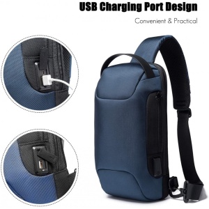 Geanta crossbody/de umar, impermeabila, antifurt, cu port de incarcare USB, Bange, 34X18X10 cm, Albastra