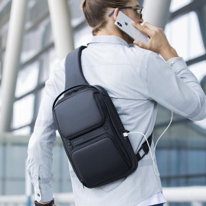 Rucsac crossbody/de umar casual, impermeabil, cu port de incarcare USB si compartiment casti, Bange, Negru - Img 8