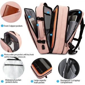 Rucsac laptop 15.6", pentru calatorii, impermeabil, expandabil pana la 37 L, cu port de incarcare USB, BANGE, 44x30x16 cm, Roz - Img 3