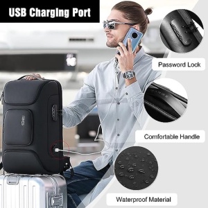 Rucsac laptop 15.6", smart casual, impermeabil, cu cifru antifurt, port USB si tip C, BANGE, 30x16x47 cm, Negru - Img 3