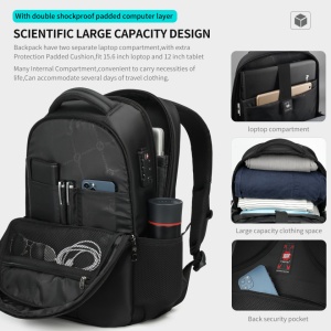 Rucsac laptop 15.6" smart casual, impermeabil, cu cifru TSA antifurt si port USB, Tigernu, 48x33x15 cm, Negru - Img 2