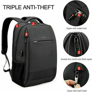 Rucsac laptop 15.6" smart casual, impermeabil, cu port USB si buzunar antifurt, Tigernu, 45x31x19 cm, Negru - Img 6
