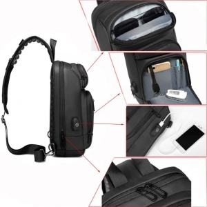 Geanta de umar, de piept sau de mana, cu port de incarcare USB, GETICS, 33x20x9 cm, Neagra - Img 5