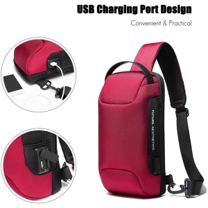 Rucsac crossbody/de umar, impermeabil, antifurt, cu port de incarcare USB, Bange, 34X18X10 cm, Rosu - Img 3
