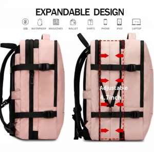 Rucsac laptop 15.6", pentru calatorii, impermeabil, expandabil pana la 37 L, cu port de incarcare USB, BANGE, 44x30x16 cm, Roz - Img 4