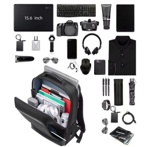 Rucsac laptop 15.6", smart business, cu insertii de piele ecologica, impermeabil, cu port de incarcare USB, GETICS, 30x15x44 cm, Negru - Img 3