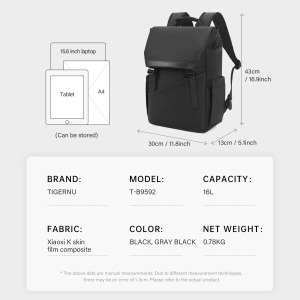 Rucsac laptop 15.6", smart casual, design pelerin unisex, impermeabil, TIGERNU, 30x13x43 cm, Negru - Img 3