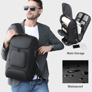 Rucsac laptop 15.6", smart casual, impermeabil, cu cifru antifurt, port USB si tip C, BANGE, 30x16x47 cm, Negru - Img 4