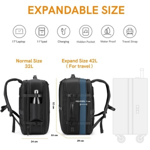 Rucsac laptop 17", pentru calatorii, expandabil pana la 42 L, cu port de incarcare USB, VGOAL, 33x24/29x52 cm, Negru - Img 6