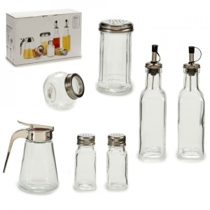 Set clasic 7 recipiente din sticla pentru condimente cu capace din otel inoxidabil, Escalate, 28x10x17 cm