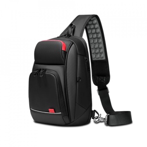 Geanta de umar, de piept sau de mana impermeabila, cu port de incarcare USB, GETICS, 30x19.5x13.5 cm, Neagra