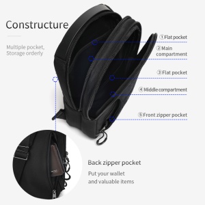 Geanta de umar, de piept sau de mana, sport casual, impermeabila, Tigernu, 19.5x8.5x28 cm, Neagra - Img 4