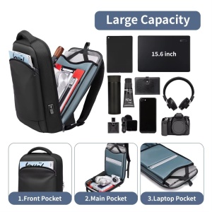 Rucsac laptop 15.6" business casual ingust, impermeabil, cu port de incarcare USB si buzunar antifurt, GETICS, 28.5x8x42 cm, Negru - Img 4