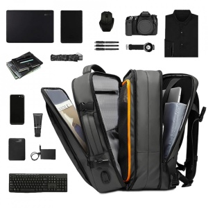 Rucsac laptop 15.6", pentru calatorii, impermeabil, expandabil pana la 37 L, cu port de incarcare USB, BANGE, 44x30x16 cm, Gri - Img 2
