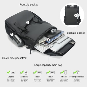 Rucsac laptop 15.6", smart casual, design pelerin unisex, impermeabil, TIGERNU, 30x13x43 cm, Negru - Img 4