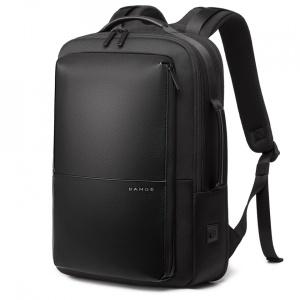 Rucsac laptop 15.6", smart casual, expandabil, cu insertie de piele ecologica, port de incarcare USB si jack audio, BANGE, 43x31x16 cm, Negru